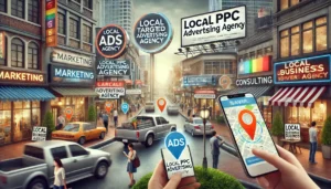 A busy urban street scene showing a variety of local businesses, with visible digital signage and devices highlighting the services of a Local PPC Advertising Agency, reflecting the importance of geo-targeted ads in attracting local customers.