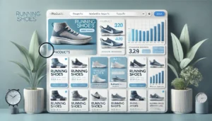 Ecommerce PPC Tips: A sleek e-commerce website interface displaying product listings, ads, and a graph demonstrating increased website traffic.