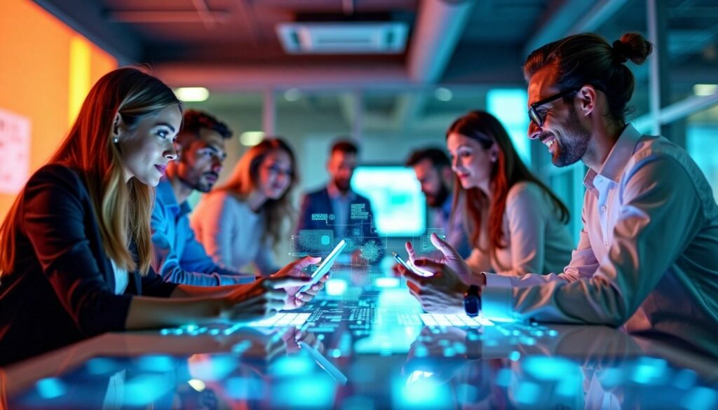 A team of professionals collaborating in a high-tech office, using digital devices and discussing strategies for PPC Advertising Services, with glowing data visualizations on the table.