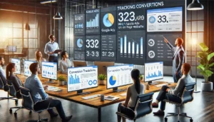 A team of digital marketers analyzing PPC ad performance metrics on large screens, focusing on conversion tracking to effectively audit your PPC ads.