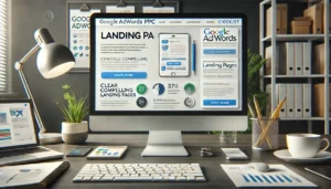 A well-designed landing page displayed on a desktop screen, optimized for conversions as part of a Google Adwords PPC checklist, featuring a clear headline, concise content, and a prominent call-to-action.