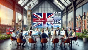 Best PPC Agency for Your UK Business - A group of professionals collaborating in a modern office, working on PPC campaigns specifically designed for UK businesses, symbolising local expertise and geographical understanding.