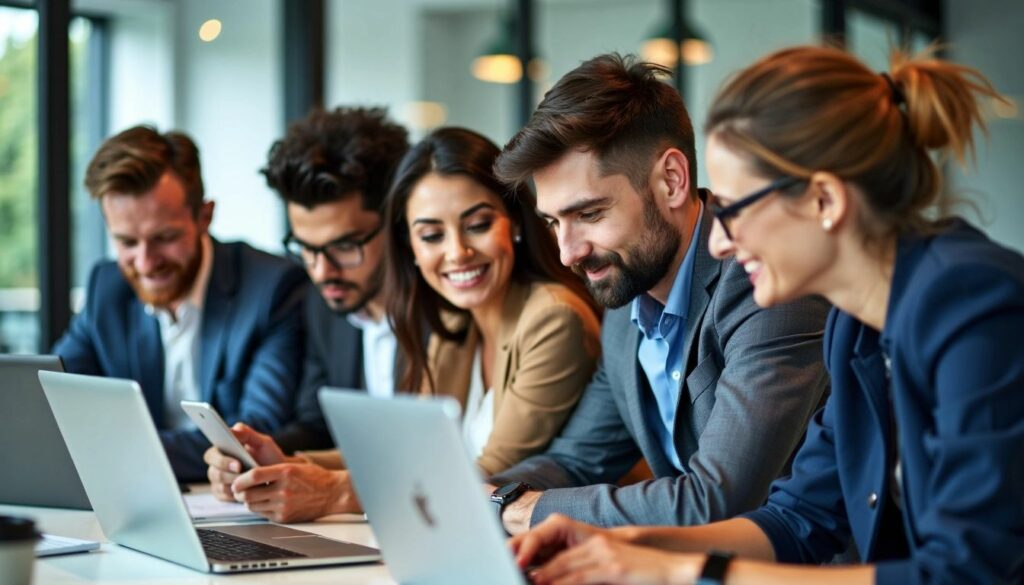 A team of professionals from a UK SEO agency collaborating at a table, working together on laptops, representing teamwork and strategy in digital marketing.