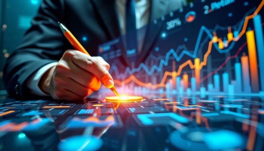 A business professional analyzing digital metrics with a stylus, representing the performance data from a PMax campaign, with various graphs and charts indicating conversion growth and success across multiple platforms.