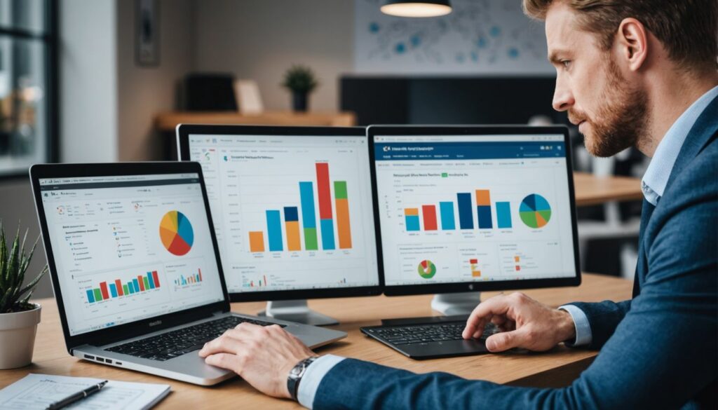 A focused professional in a modern office works on a laptop and two monitors displaying various colourful graphs and charts related to data analysis and performance metrics.