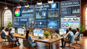 A digital marketing workspace showing multiple screens displaying Google Ads, Facebook Ads, and LinkedIn Ads interfaces, with a focus on remarketing strategies.