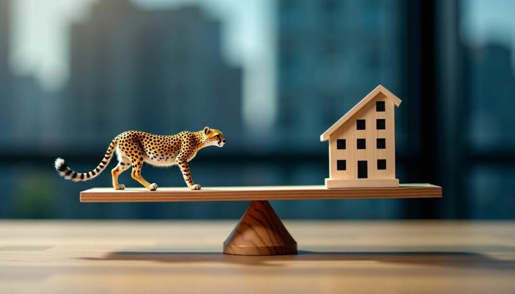 A visual representation of balancing agility and structure in PPC, with a cheetah symbolizing agility on one side of a balanced scale and a house representing structure on the other. This image illustrates the delicate equilibrium between speed and stability in PPC strategies.