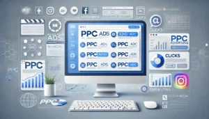 A detailed illustration of Expanded PPC FAQs, featuring a computer screen displaying PPC ads on a search engine results page, with analytics charts showcasing clicks and costs, alongside social media icons.