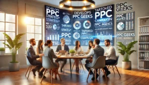 A marketing team in a modern office collaborating on customised PPC strategies, addressing client concerns about distrust for PPC agencies by offering tailored solutions.