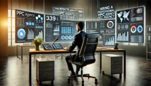 A digital marketing professional working in a high-tech office with multiple monitors displaying advanced PPC campaign analytics, user behaviour tracking tools, and heatmaps. The setup exudes efficiency, expertise, and the utilisation of cutting-edge technology.