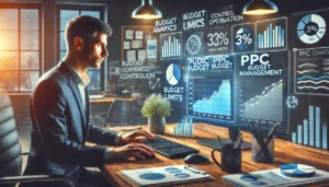 A digital marketer in a modern office carefully monitors PPC budget management on a computer screen. The screen displays budget analytics, expenditure graphs, and cost-control metrics, emphasising the importance of tracking and optimising spending.