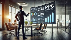 A confident business professional in a modern office reviews the successful final results of a PPC campaign on a large screen. The screen displays positive metrics, high engagement rates, and increased ROI, symbolising the effectiveness of expert PPC management.

