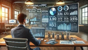 A digital marketer in a modern office carefully analyses budget allocation for PPC campaigns on a large screen. The screen displays charts and graphs related to cost-per-click (CPC), return on investment (ROI), and performance across Google AdWords and Facebook ads.