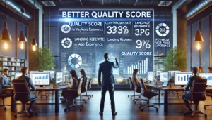 A digital marketer in a modern office analyses Quality Score metrics on a large screen. The screen displays key metrics like click-through rate (CTR), keyword relevance, landing page experience, and previous ad performance, symbolising the strategic approach to improving PPC performance.