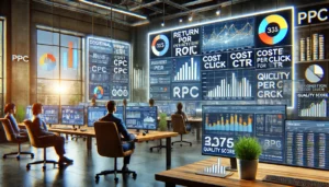 A digital marketer in a modern office analyses key PPC metrics on multiple large screens. The screens display data such as Return on Investment (ROI), Cost Per Click (CPC), Conversion Rate (CR), Click-Through Rate (CTR), and Quality Score, with charts and graphs illustrating performance.