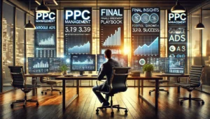 A digital marketer in a modern office reflects on the final insights of a successful PPC campaign, with multiple screens displaying positive growth trends and metrics from platforms like Google Ads and Microsoft Ads. The setting is professional, symbolising strategic success and readiness for future growth.