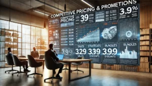 A digital marketer in a modern office analyses product pricing and promotional strategies on large screens. The screens display pricing comparisons, discount strategies, and sales data, emphasising the importance of competitive pricing and effective promotion management in e-commerce. 