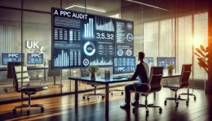 A digital marketer in a modern office conducts a detailed PPC audit on a large screen displaying metrics, charts, and insights. The setting is sleek and organised, emphasising the importance of optimising advertising spend and gaining a competitive edge in the UK market.