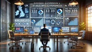 A businessperson in a modern office evaluates expertise and experience in selecting Pay Per Click (PPC) audit services, reviewing case studies and performance metrics on multiple screens. The screens display data related to UK market trends and PPC campaigns.

