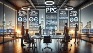 A digital marketing team in a modern office reviews final PPC audit results displayed on multiple screens, showing key insights, optimisation opportunities, and performance improvements. The setting is professional, with a focus on maximising online advertising efforts.