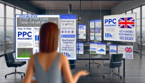 A modern office setup with multiple screens displaying a step-by-step guide to PPC management. The screens feature various elements such as keyword targeting, ad performance metrics, and optimisation strategies, tailored for UK businesses.

