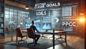 A digital marketer in a modern office works on setting clear goals for a PPC campaign, with screens displaying keyword research, campaign goals, and performance metrics. The atmosphere is focused and organised, emphasising strategic planning.

