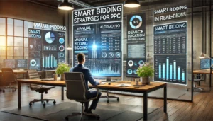 A digital marketer in a modern office reviews different PPC bidding strategies, including manual, automated, and smart bidding, displayed on multiple screens. Data visualisations highlight performance metrics and machine learning optimisations based on device, location, and time of day.