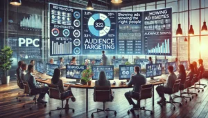 A team of digital marketers in a modern office analyses audience segmentation data on multiple screens, displaying behaviours, interests, and previous interactions alongside demographics like age and location.