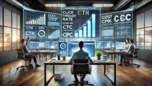 A digital marketer in a modern office reviews PPC performance data on multiple screens displaying key metrics such as Click-Through Rate (CTR), Cost-Per-Click (CPC), and Conversion Rate. Graphs and charts highlight the tracking of these key performance indicators.