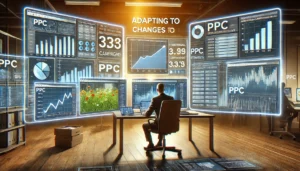 A digital marketer in a modern office analyses and adapts PPC campaigns on multiple screens displaying performance metrics, campaign adjustments, and data-driven strategies. The setting reflects the fast-paced and ever-evolving nature of PPC advertising.