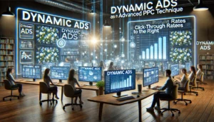 A group of digital marketers in a modern office setting manage dynamic ads on multiple screens, displaying personalised ad content and metrics like click-through rates and conversions. The screens reflect real-time adjustments tailored to audience interests.

