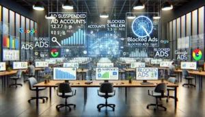 A digital workspace showing multiple screens with graphs and metrics related to Google’s ad suspensions and blocked ads. Visuals indicate 12.7 million suspended ad accounts and 5.5 billion blocked ads, symbolising Google’s efforts to ensure platform security and integrity.