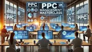 A group of digital marketers in a modern office engaged in a PPC Management Masterclass. Multiple screens display PPC advertising metrics, strategies, and graphs, reflecting a dynamic learning environment focused on optimising Pay-Per-Click campaigns in the UK.