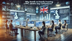 A group of digital marketers in a modern office analyse PPC campaigns on multiple screens displaying search result rankings, graphs, and metrics, emphasising the visibility advantages of PPC in the highly competitive UK business landscape.