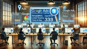 A modern office where digital marketers are working on Google Ads campaigns across multiple screens displaying targeted ads, search result rankings, and metrics for demographics, location targeting, and time-of-day settings.

