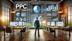 A digital marketer in a modern office conducts a comprehensive PPC audit, reviewing campaign elements such as keywords, ad copy, and performance metrics on multiple screens displaying charts and graphs that highlight areas for improvement.

