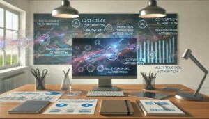 A modern workspace with a large screen displaying complex data visualisations, representing customer touchpoints, conversion attributions, and PPC optimisation metrics. The desk is filled with notebooks, a tablet, and analytic reports, while abstract digital flow lines in the background symbolise multi-touchpoint attribution models in retail PPC management.

