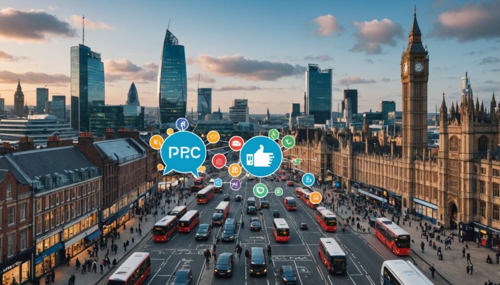 UK cityscape with businesses and digital marketing icons.