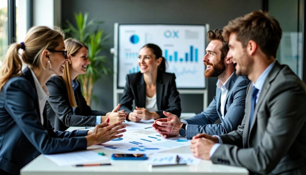 A group of business professionals in a meeting room discussing strategies related to Expanded PPC FAQs, including metrics and campaign performance insights.