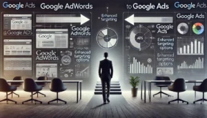 A visual representation of the transition from Google AdWords PPC Campaigns to the more advanced Google Ads platform.