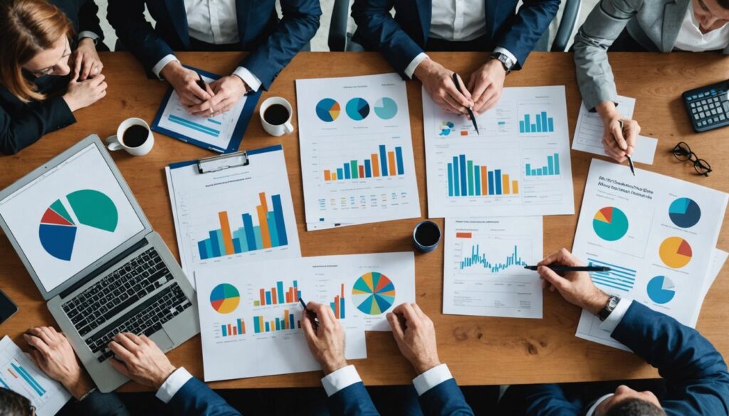 A group of professionals gathered around a table analysing charts, graphs, and performance data. The table is filled with printed reports and a laptop showing pie charts and bar graphs.