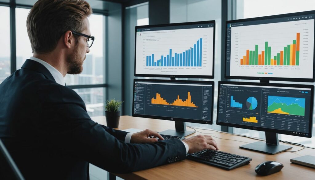 A digital marketing analyst reviews PPC performance metrics on multiple monitors, focusing on post-audit data to enhance campaign effectiveness.