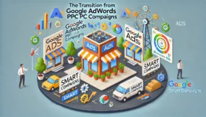 An informative image highlighting the transition from Google AdWords PPC Campaigns to Google Ads, focusing on the benefits of utilising Smart Campaigns.