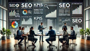 A professional team in a modern office, representing a UK SEO agency, analyzing Key Performance Indicators (KPIs) like organic traffic, bounce rate, and keyword rankings.