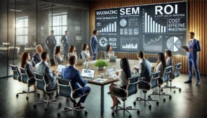 Professionals in a modern conference room reviewing cost-effective marketing strategies and analytics, highlighting the advantages of partnering with a SEM agency to maximize ROI.