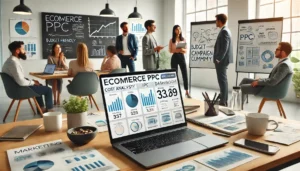 Ecommerce PPC Cost Saving Tips: A marketing team discusses eCommerce PPC strategies in a bright office, with a laptop displaying cost analysis and budget-friendly campaign data.