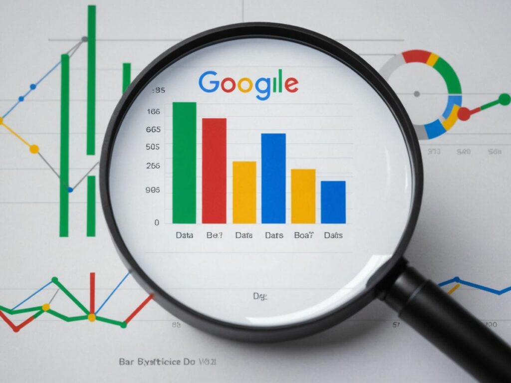 Google Pulls Auction Insights from Looker Studio: A magnifying glass focusing on a Google bar chart with colourful bars representing different data points, set against a background of various graphs and charts.