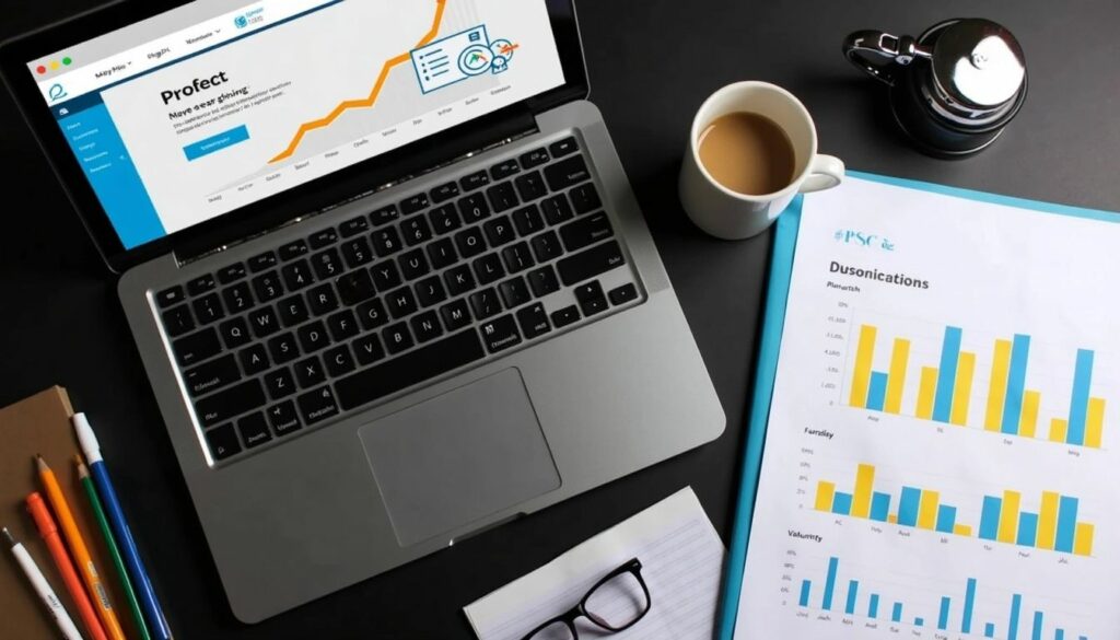 A laptop showing a Google Ads dashboard with performance metrics alongside charts and notes, representing steps in a Google Adwords PPC checklist for tracking campaign success.