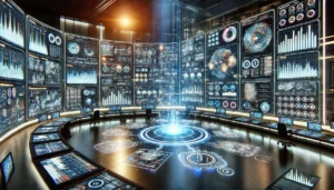 A futuristic control room showcasing AI systems as decision engines, analyzing complex data and simulating real-world scenarios to assist in complex problem solving.