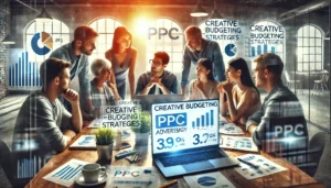 A group of small business owners planning their PPC advertising strategy, demonstrating creative PPC budgeting for SMEs in a collaborative office setting.